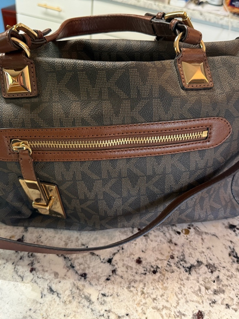 Michael Kors Brown and Tan Logo Satchel with Gold Hardware - Picture 5 of 9
